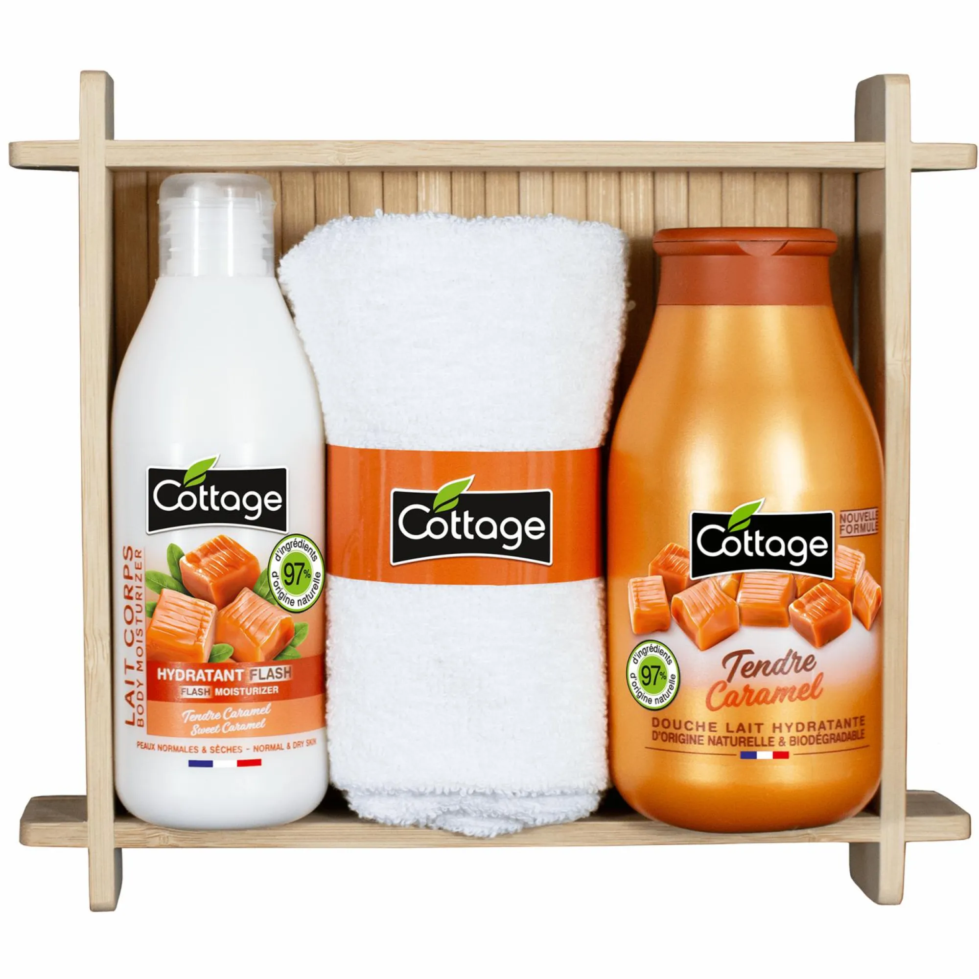 Coffrets Beauté Et Parfums|COTTAGE Coffret lait hydratant + gel douche caramel + serviette
