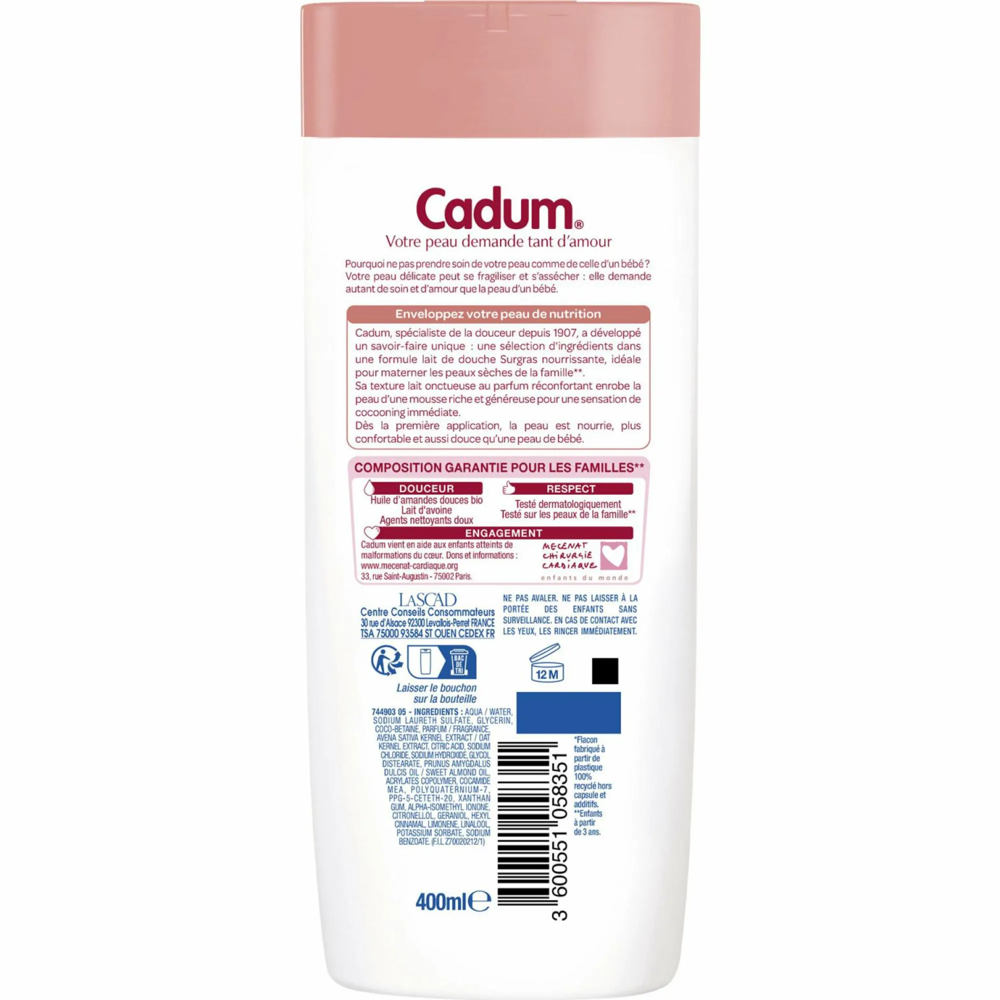 Hygiène|CADUM Crème de douche surgras huile d'amande douce et lait d'avoine