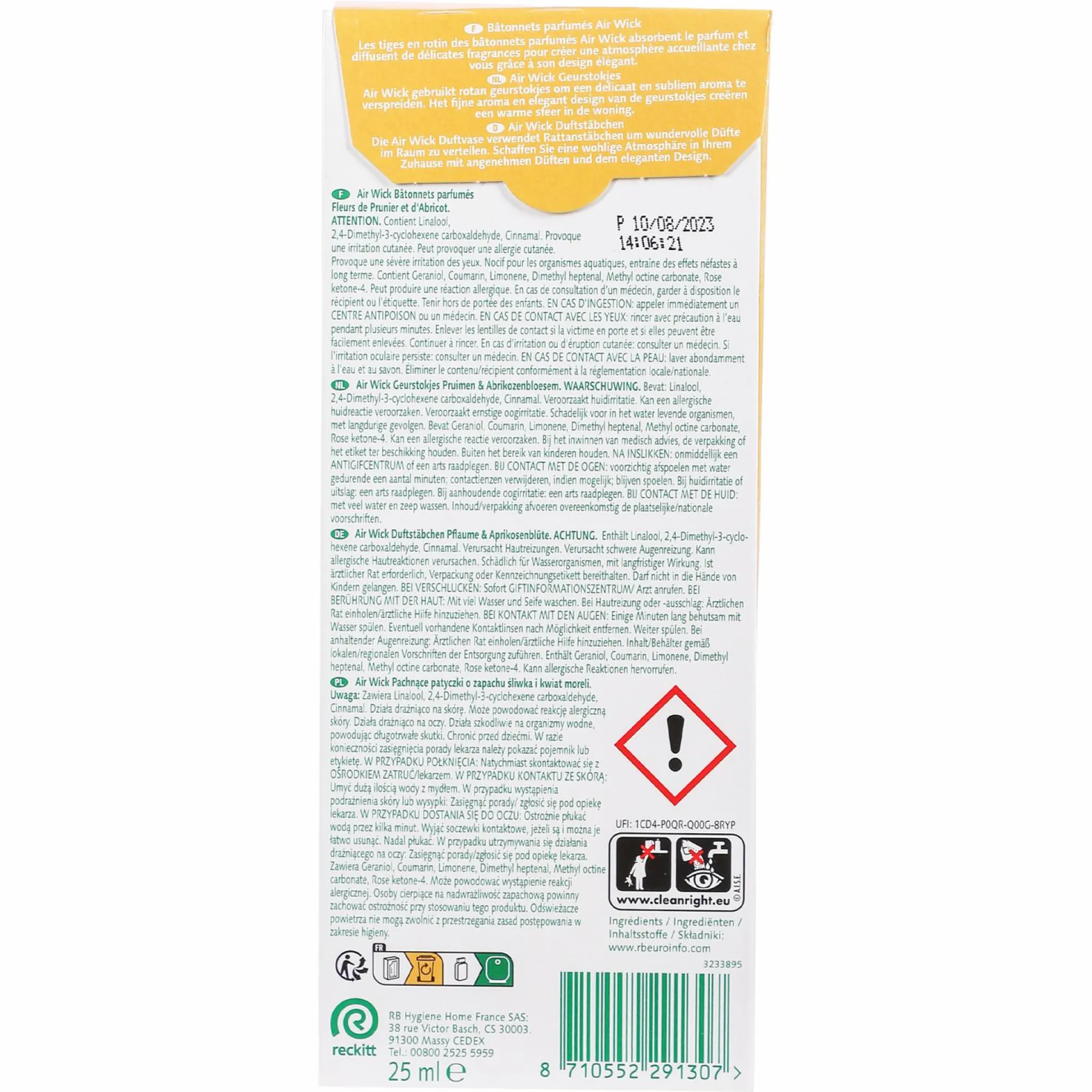 Produits Ménagers|AIRWICK diffuseur de parfum en bâtonnets fleur de prunier et abricot