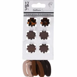 Cheveux|Stokomani Lot de 6 mini pinces et élastiques marron