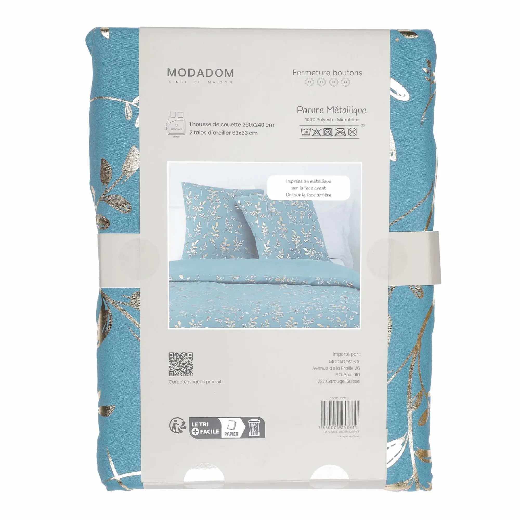 Linge De Chambre|Stokomani Parure housse de couette 260x220 cm + 2 taies d'oreillers microfibre imprimée métal