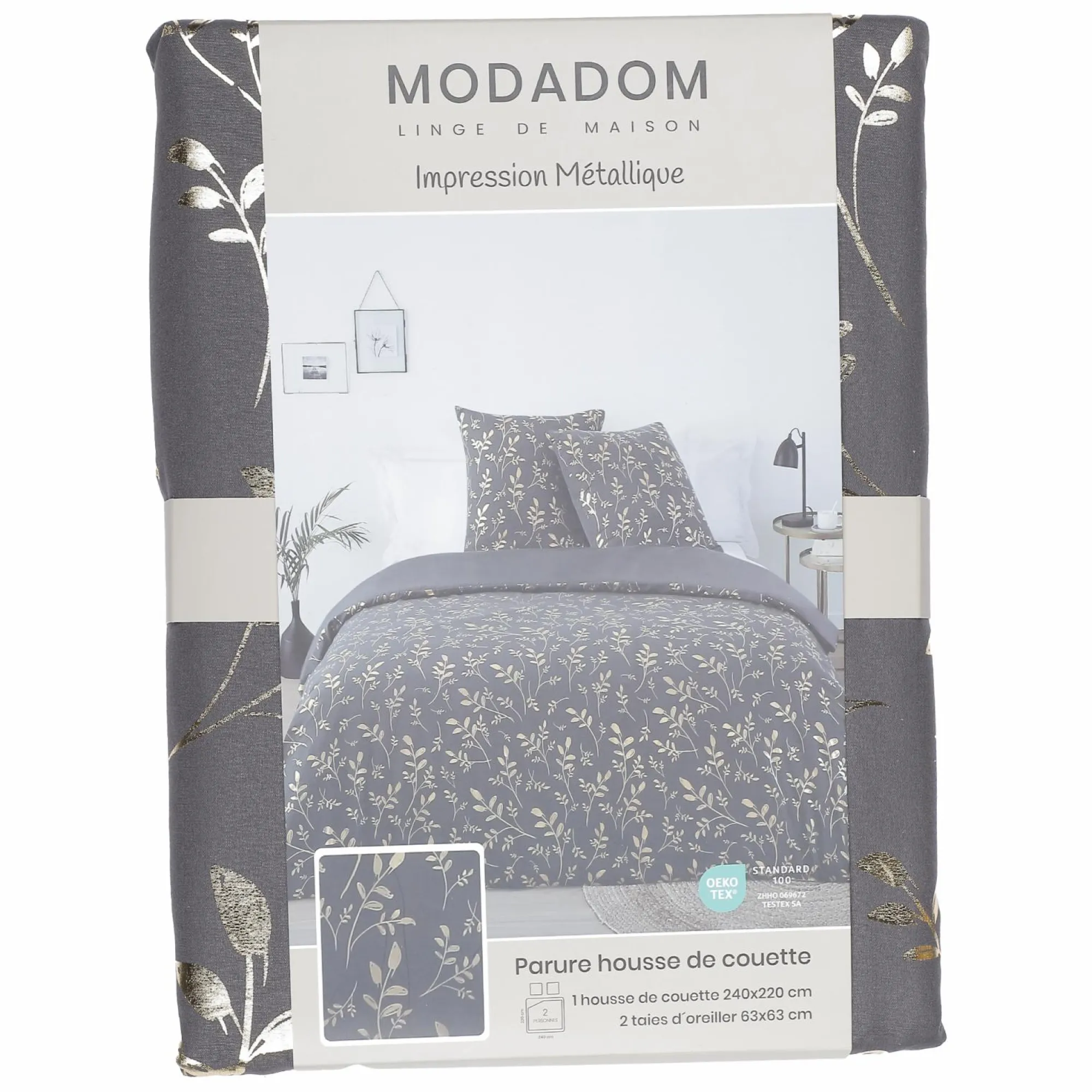 Linge De Chambre|Stokomani Parure housse de couette 260x220 cm + 2 taies d'oreillers microfibre imprimée métal