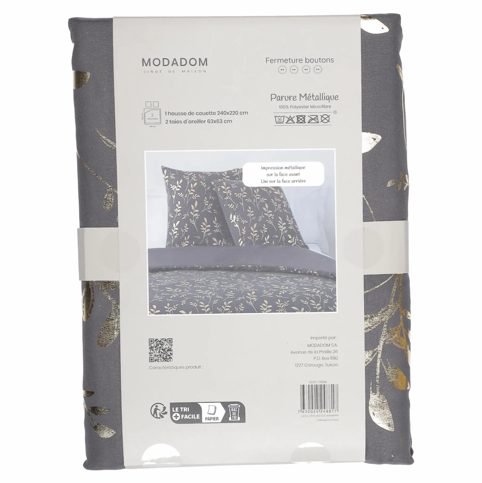 Linge De Chambre|Stokomani Parure housse de couette 260x220 cm + 2 taies d'oreillers microfibre imprimée métal