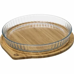 Cuisson Et Ustensiles|FIVE Plat à tarte en verre 27 cm avec couvercle en bambou