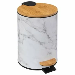 Salle De Bain Et Wc|FIVE Poubelle en métal blanc et bambou 3L