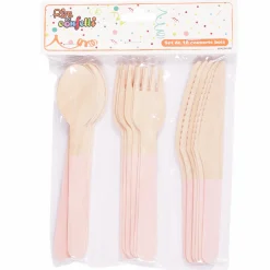 Vaisselle Jetable|Pique-Nique Et Camping|Stokomani Set de 18 couverts en bois rose