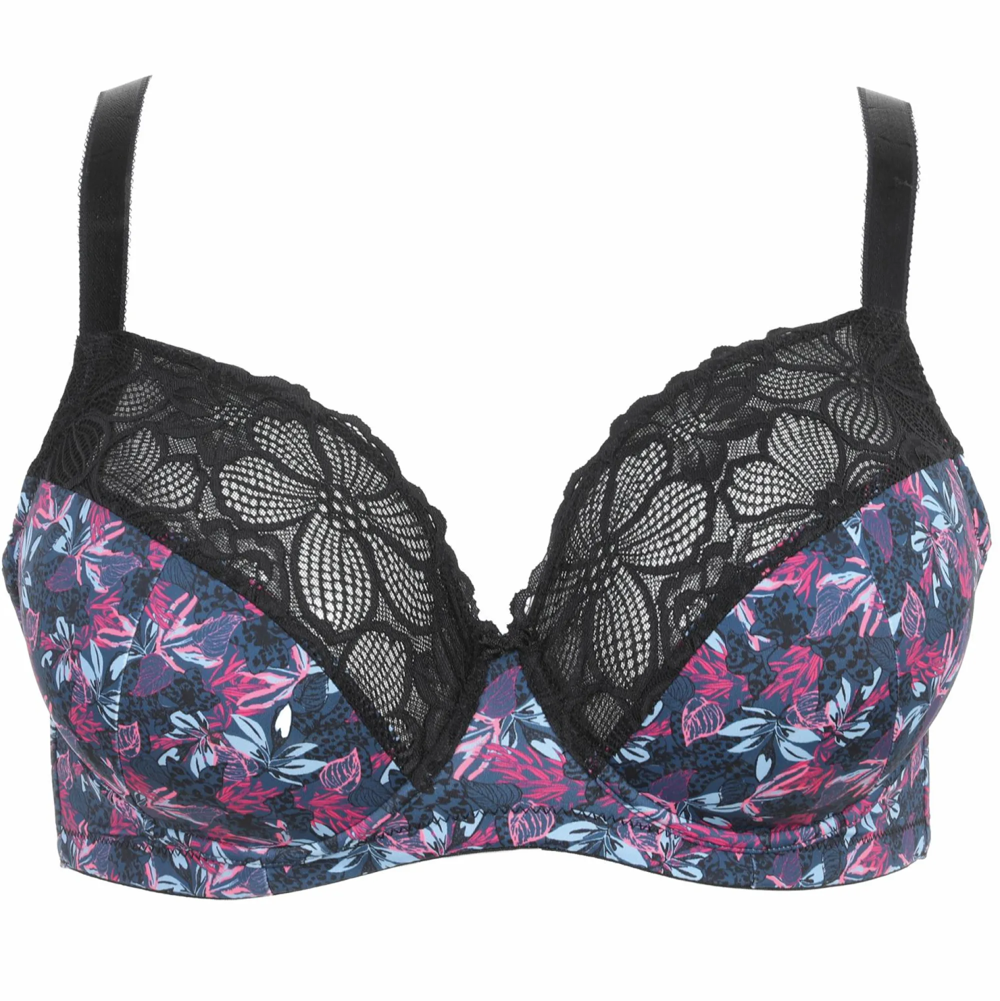 Lingerie Et Vêtements De Nuit|SEDUCCIA Soutien gorge fleuri et noir grand maintien Bleu